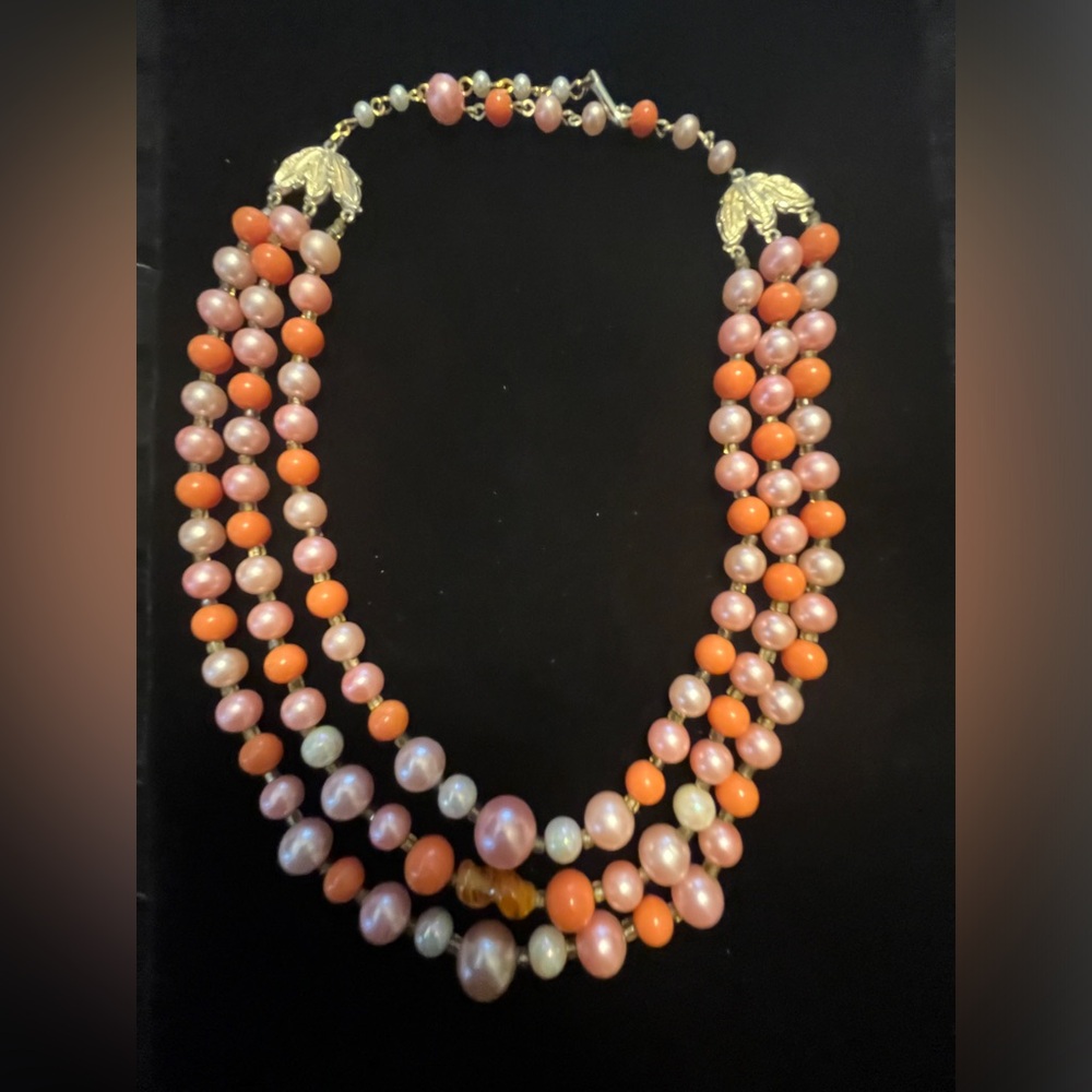 Three Strand Pink, Orange, Iridescent, & Gold Chain Beaded Necklace